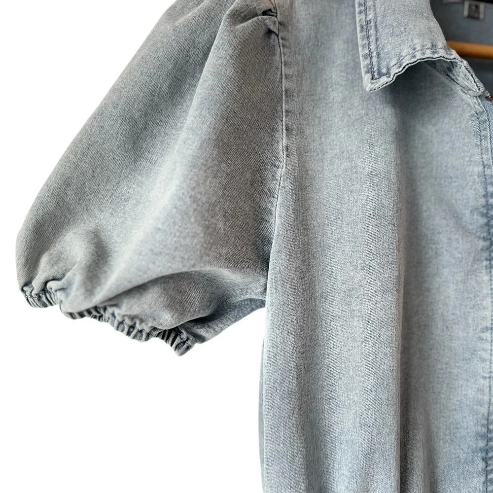 Blue Blush Cotton Blend Faux Denim Balloon Sleeve Dress - Picture 11 of 16